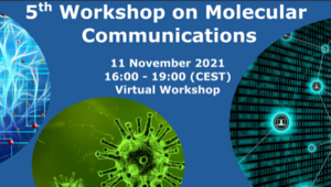 Banner with text: 5th workshop on molecular communications, November 11th, 2021, 16:00-19:00 (CEST), Virtual Workshop