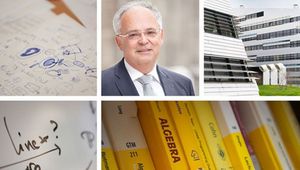 Photo collage consisting of Science Park, blackboard with equations, books, person