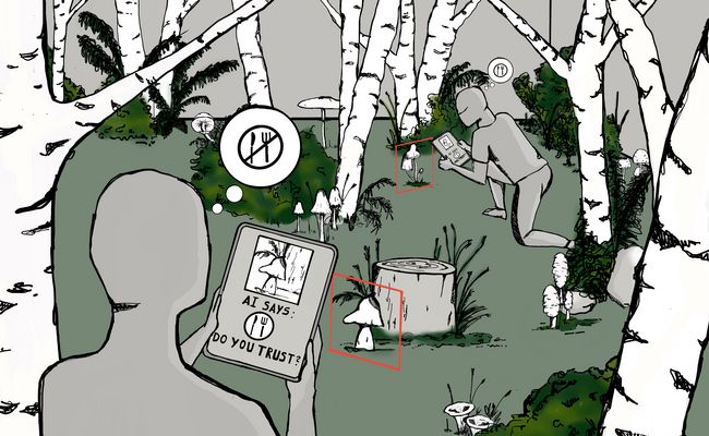 [Translate to Englisch:] Illustration eines Waldes, in dem ein Mensch mit Tablet steht und einen Pilz fotografiert.
