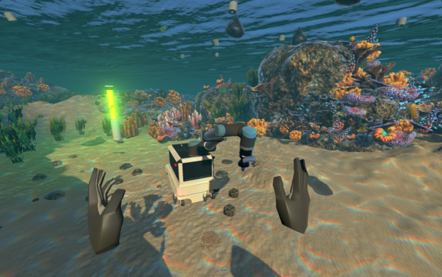 player's view into an underwater world facing the industrial robot, surrounded by a coral reef, fishes and a waste