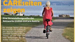 Titelbild CAREseiten zeigen - Rückansicht einer Frau mit weißen kurzen Haaren in rotem Kleid auf einem Fahrrad. Im Hintergrund ist ein See zu erkennen.
