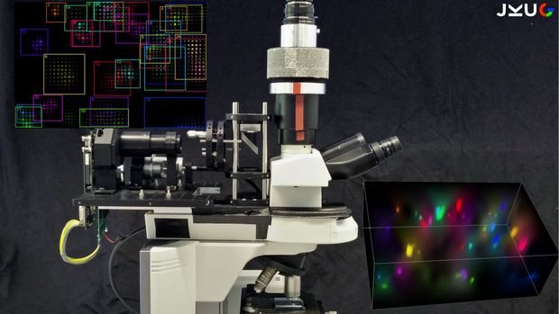 Prototyp des Lichtfeld-Mikroskops. Faktorisierte Emissionsfingerabdrücke (oben links) und gezielt ausgeleuchtete Probenelemente (unten rechts). Die Probe besteht in dem Beispiel aus 10-20μm großen, fluoreszierenden Microkügelchen Credit: JKU