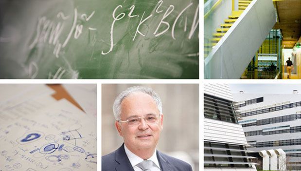 Photo collage consisting of Science Park, board with equations, staircase, person