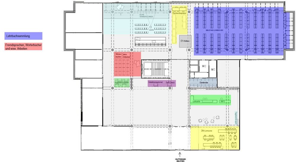 Lageplan der Fachbereiche in der Hauptbibliothek der JKU, Erdgeschoß