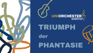 Werbebanner Konzert "Triumpf der Phantasie" - handgezeichnete Instrumente auf blauem Hintergrund