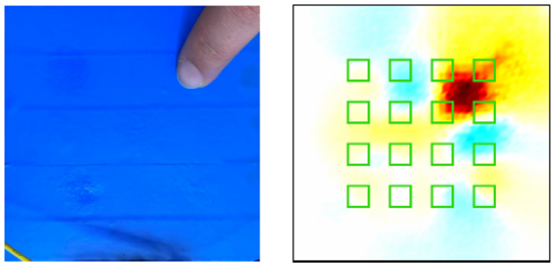 Abb. 2: Ergebnis der Rekonstruktion der Leitfähigkeitsverteilung bei einer durch einen Finger auf den Sensor ausgeübten Kraft. Eine positive Änderung der Leitfähigkeit wird durch rote Pixel gekennzeichnet. Die grünen Vierecke markieren die Elektrodenpositionen.