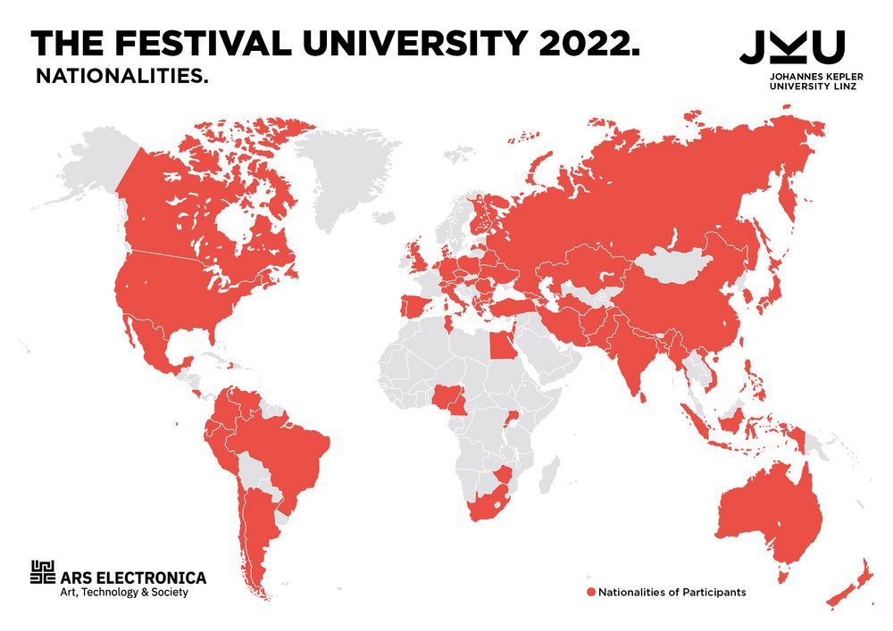 [Translate to Englisch:] Weltkarte der Teilnehmer*innen Festival University 2022 JKU Linz