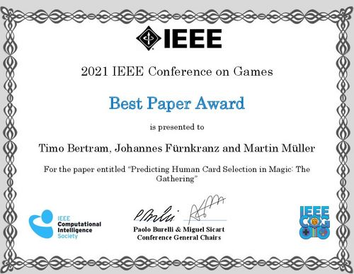 IEEE Cog Best Paper Certificate