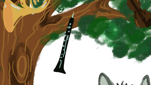 Handgemalter Baum mit Instrumenten, darunter sichtbar Wolfsohren