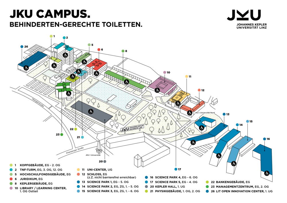 Campusplan der JKU Linz mit Einzeichnung der barrierefreien WCs