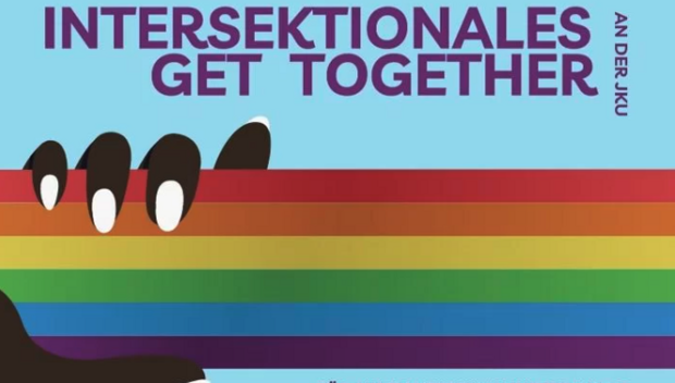 Flyergrafig - Überschrift: Intersektionales Get together, darunter befindet sich die Regenbogen PrideFlag welche von einer dunklen Hand mit langen, hellen Fingernägeln umfasst wird