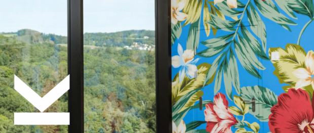 Blick durch ein Fenster der JKU mit Wald, daneben große bunte exotische Blumen auf einer Wand