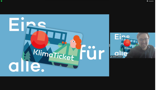 Screenshot online event about the climate ticket in Austria with Jakob Lambert