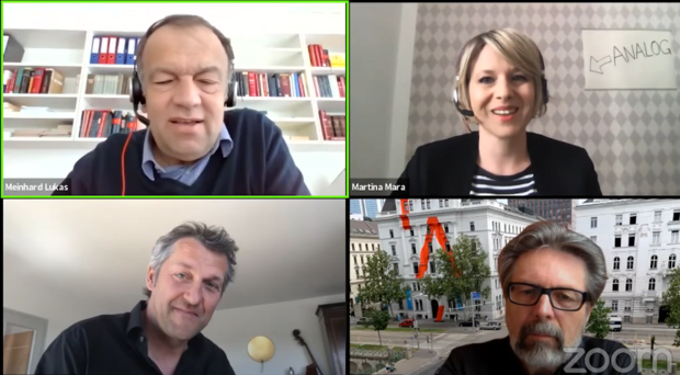 Screenshot der Videokonferenz zwischen Bast, Mara, Poschner und Lukas.