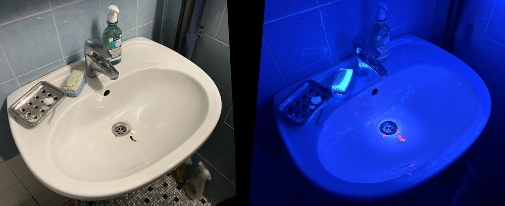 Farb- und UV-Lichtfotografie eines Badwaschbeckens