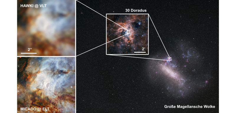 Die Große Magellansche Wolke ist unsere nächste Nachbargalaxie im Universum, die mit der 30 Doradus Region eines der größten bekannten Sternentstehungsgebiete beherbergt. MICADO am ELT wird um einen Faktor 25 schärfere Bilder liefern und um einen Faktor 100 schwächere Objekte detektieren als die derzeit größten Teleskope (8.2m ESO Very Large Telescope mit HAWKI Instrument).
