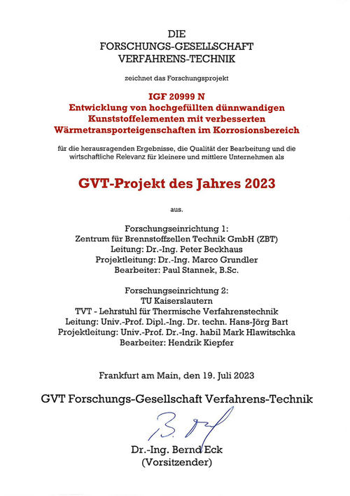 Urkunde zum GVT-Projekt des Jahres 2023