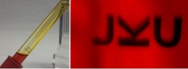 Hydrogel-Probe, in der das JKU-Logo mittels "Lichtschaltung" sichtbar gemacht wurde