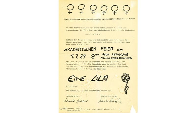 ÖH-Aktion zur Einführung des akademischen Grades Magistra, Juli 1987 (Archiv JKU)