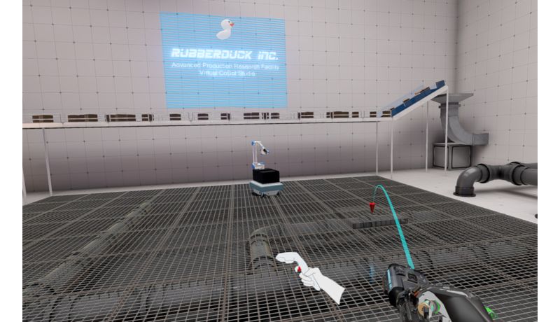 Screenshot VR-Game mobiler Industrieroboter im Raum, Controller der spielenden Person sichtbar
