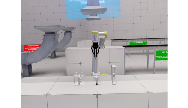 Screenshot VR-Game mit Roboterarm und drei verpackten Gummienten