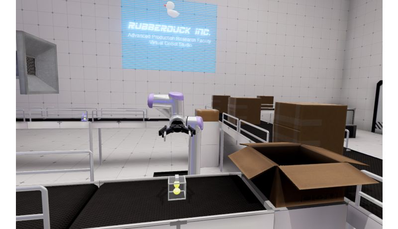 Screenshot VR-Spiel Roboterarm am Fließband
