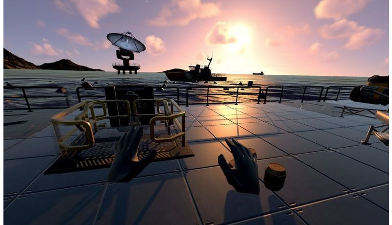 VR-Spielumgebung Plattform mit Blick auf Sonnenuntergang überm Meer, Hände der spielenden Person sind wie schwarze Handschuhe sichtbar