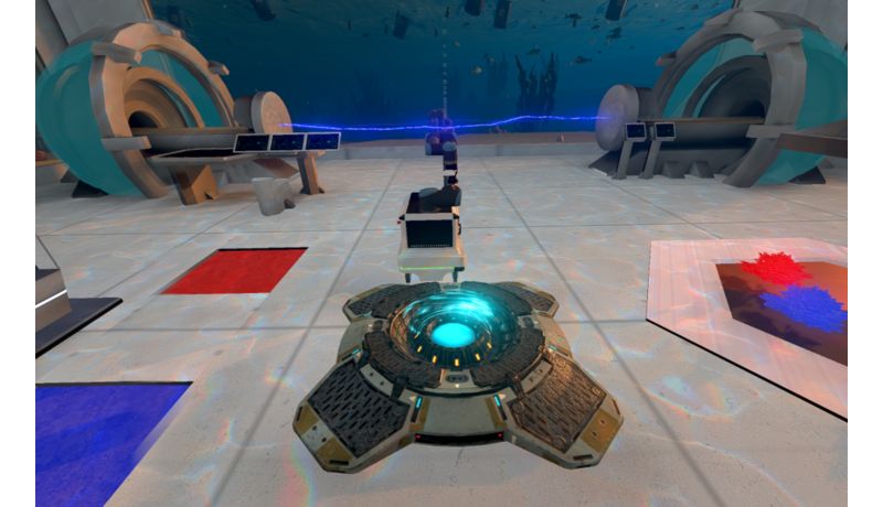 Screenshot von VR-Spieleumgebung: Unterwasserlabor mit mobilem Industrieroboter und diversen leuchtenden Luken und Objekten