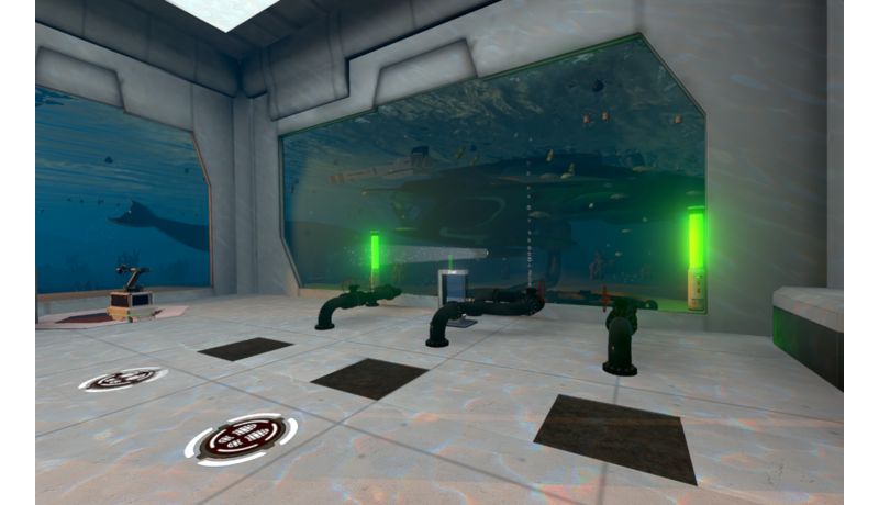 VR-Spielumgebung Unterwasserlabor mit diversen Luken und Trittflächen, im Hintergrund mobiler Industrieroboter in Warteposition