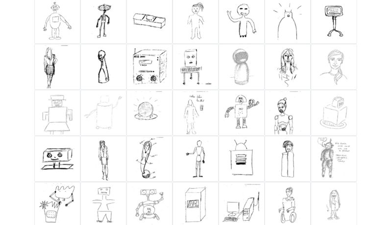 35 sehr verschiedene Zeichnungen von Robotern, von menschengleich bis zu mechanischen Kästen 